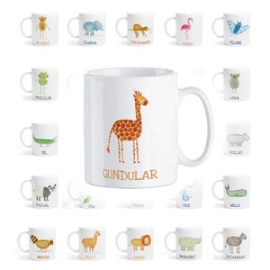 Personalized mug ceramic motif with name and animal lion monkey frog elephant sloth llama crocodile giraffe zebra rhinoceros
