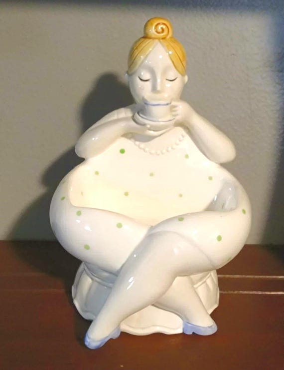 Vintage Lightweight Ceramic Lady Trinket Dish – Woman Drinking Tea Ring Holder