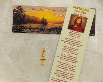 Marcapáginas cristiano para hombre: Cruz dorada con oración matutina