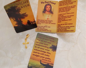 Tarjeta de oración nocturna con dije de cruz chapada en oro ~ Regalo de fe para hospicio, enfermedad, confinamiento en casa