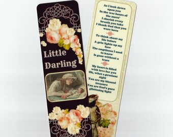 Tarjeta marcapáginas para recién nacido/bebé/adopción con dije de corazón de piedra azul o rosa bañado en plata