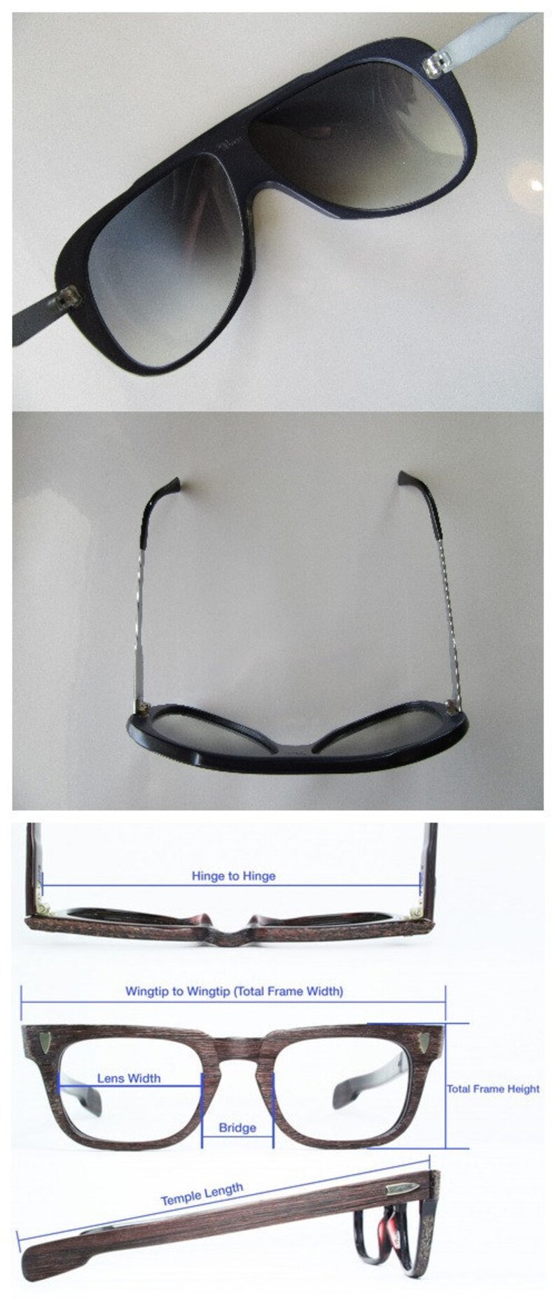 K&ouml;nnte beinhalten: Eine Brille mit braunem Holzrahmen und schwarzen Gl&auml;sern. Die Brille hat einen Scharnier-zu-Scharnier-Abstand von 13 cm, einen B&uuml;gel-zu-B&uuml;gel-Abstand von 14 cm, eine Linsenbreite von 5 cm, einen Stegbreite von 2 cm, eine B&uuml;gell&auml;nge von 14,5 cm und eine Gesamtgestellh&ouml;he von 4,5 cm.