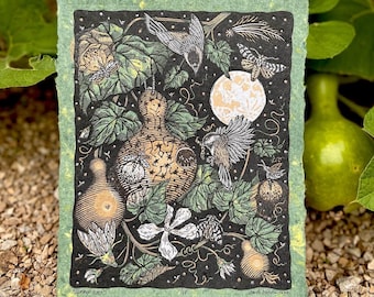 Summer Nest - on Handmade Paper - Linocut on Paper by Wendi Dibbern - Original Handprinted Artwork - Chickadees - Birdhouse Gourd