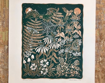 Pollinators - Evergreen and Copper - Linocut on Paper by Wendi Dibbern - Original Handprinted Artwork