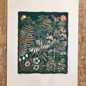 Pollinators - Evergreen and Copper - Linocut on Paper by Wendi Dibbern - Original Handprinted Artwork