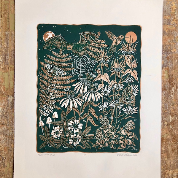 Pollinators -  Evergreen and Copper - Linocut on Paper by Wendi Dibbern - Original Handprinted Artwork