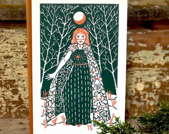 Forest Goddess Hand Printed Card. Linocut Card. Greeting Card. Moon. Forest. Goddess. Block Print. Holiday Card. Christmas Card