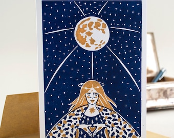 Divine Mother Hand Printed Card. Linocut Card. Greeting Card. Moon. Stars. Goddess. Love. Holiday Card. Christmas Card. Winter Solstice