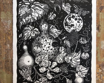 Summer Nest - Black and White - Linocut on Paper by Wendi Dibbern - Original Handprinted Artwork - Chickadees - Birdhouse Gourd