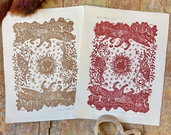 And One for Later - by Wendi Dibbern - Linocut Fox and Pheasant Art: Handmade Artwork