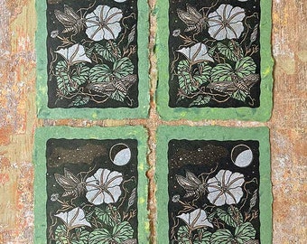 Moonflower and Moths - Multi-color Linocut on Handmade Paper by Wendi Dibbern  - Original Handprinted Artwork