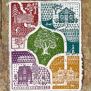 Neighboring Paths - by Wendi Dibbern - Linocut House Art Print: Multi-Color Handprinted Artwork on Handmade Paper
