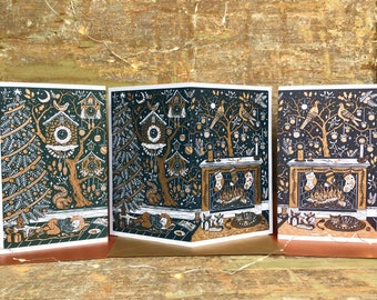Joyeux Noel Hand Printed 2-color Card. Linocut Card.Moon.Tree.Squirrel.Childrens.Fireplace.Holiday Card.Winter Dreams.Christmas Card