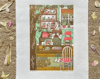Linocut Print: "A Day Off" Multi-Color Block Print by Wendi Dibbern