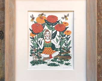 Summer Nymph 4-Color Print - Linocut on Paper by Wendi Dibbern - Original Handprinted Artwork