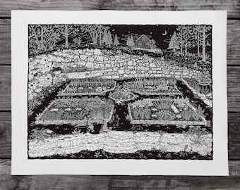 Garden at Dusk - Black & White -OR- Midnight Blue - Linocut on Paper by Wendi Dibbern - Original Handprinted Artwork
