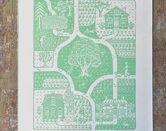 Neighboring Paths Linocut Print: Mint Green House Art on Handmade Paper