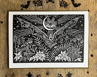 Into the Night - Linocut Card. Halloween Card. Hand Printed Note Card. Handmade Card. Greeting Card. Halloween. Graveyard