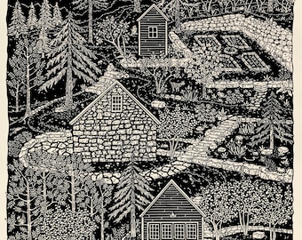 Quarry House - in Midnight Blue -OR- Black - Linocut on Paper by Wendi Dibbern - Original Handprinted Artwork