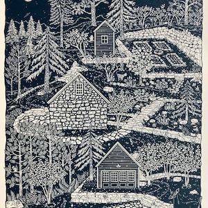 Sale! reg. 175.00 - Quarry House - in Midnight Blue -OR- Black - Linocut on Paper by Wendi Dibbern - Original Handprinted Artwork