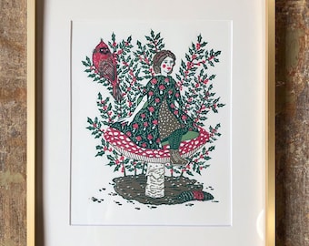 Winter Nymph 4-Color Print - Linocut on Paper by Wendi Dibbern - Original Handprinted Artwork
