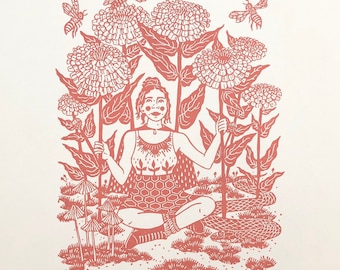 Sale! reg. 45.00 - Summer Nymph One-Color Print - Linocut on Paper by Wendi Dibbern - Original Handprinted Artwork