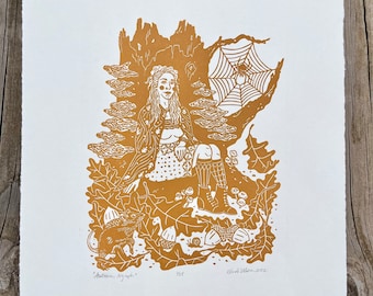 Sale! Reg. 45.00 - Autumn Nymph One-Color Print - Linocut on Paper by Wendi Dibbern - Original Handprinted Artwork