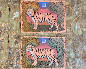 Tyger Tyger - Black or Rust - Multi-color Linocut on Handmade Paper by Wendi Dibbern - Original Handprinted Artwork - Tiger Art