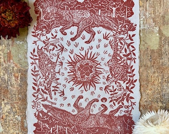 And One for Later - by Wendi Dibbern - Linocut Fox and Pheasant Art: Handprinted Artwork on Handmade Paper