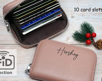 Personalized RFID Leather Zip Around Card Holder: Pebble Grain Cowhide Wallet with Name