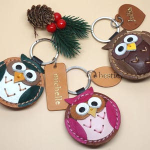 Personalized owl keychain, Leather bag charm, Custom leather keyring gift for Owl lover, Animal Charm with Personalized tag