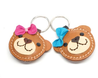 Bear charm keychain 100% genuine Leather, Leather small gift,leather key chain, leather key fob,key holder