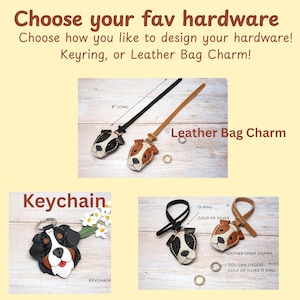 May include: Leather dog-shaped charms and keychains with text options including Choose your fav hardware, Keyring, or Leather Bag Charm. The leather straps are 8 inches long. Features include dog face designs, O-rings in gold or silver, and leather strap charms.