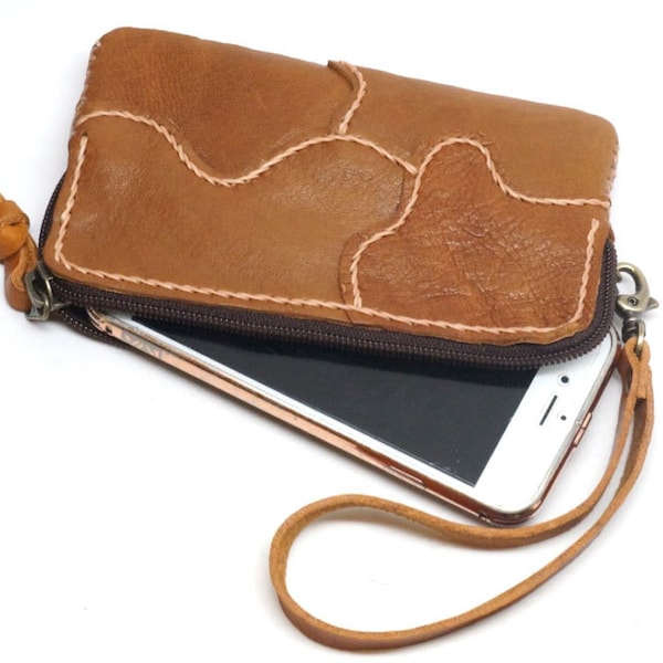 Lamb leather phone bag, Patch work Leather Phone case , Leather wristlet clutch phone bag, small wallet, Minimal zipper pouch, iphone case