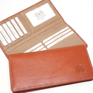 Cartera de cuero para mujer, cartera de cuero tipo sobre, cartera larga marrón para mujer, cartera fina de cuero para mujer, billetera plegable