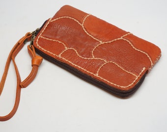Hand Stitched Patchwork Lamb Leather Phone Clutch with Wristlet
