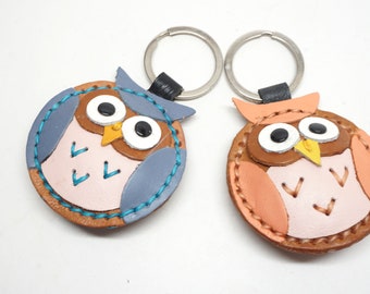 owl charm keychain 100% genuine Leather, Leather small gift,leather key chain, leather key fob,key holder