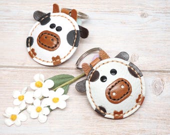 Personalized Plush Leather Cow Keychain: Farm Animal Keyring Gift