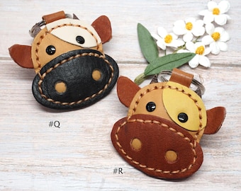 Personalized Plush Leather Cow Keychain: Farm Animal Keyring Gift