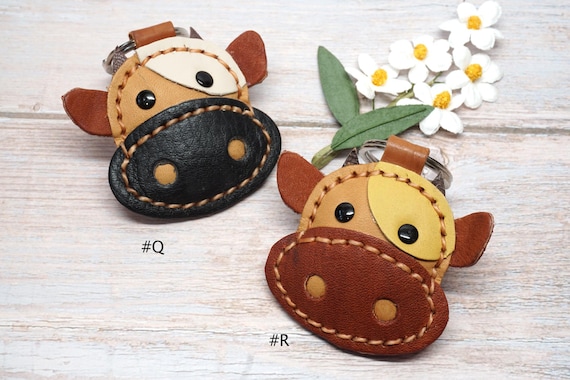 Personalized Plush Leather Cow Keychain: Farm Animal Keyring Gift