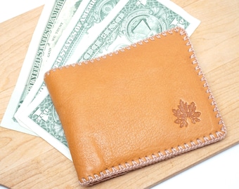 Hand Stitched Light Brown Leather Wallet: Men's Genuine Cow Leather