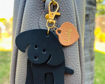 Personalized Full Grain Veg Tan Leather Dog Keychain & Puppy Bag Charm