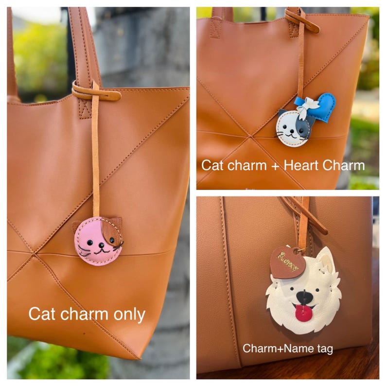 May include: A brown leather tote bag with a cat charm, a cat and heart charm, and a charm with a dog design. The cat charms are pink and black and white. The dog charm has a name tag.