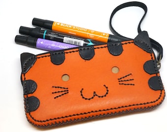 Kitty leather bag, Cat Phone case and wallet, Leather wristlet clutch phone bag, Pencil case,Leather zipper pouch, Pencil pouch, Orange bag