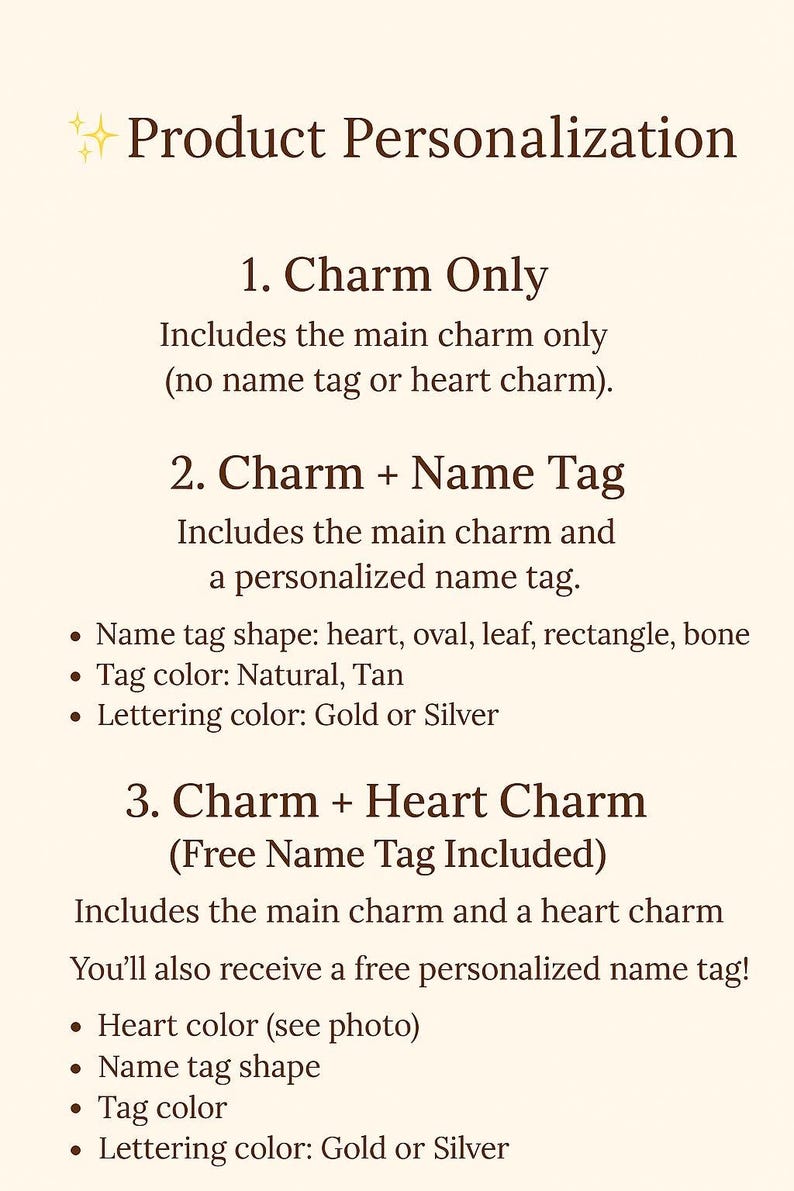 May include: Product personalization options are listed on a cream-colored background. Options include a charm only, a charm with a name tag, and a charm with a heart charm. Name tag shapes include heart, oval, leaf, rectangle, and bone.