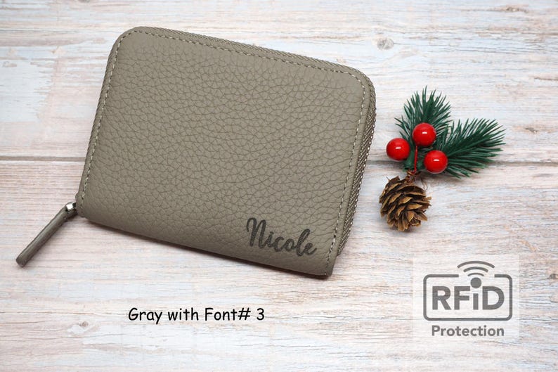Personalized RFID Full Grain Leather Wallet – Slim Coin Purse, Gift for Her Gray