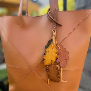 May include: A tan leather tote bag with a geometric design. The bag has two handles and a decorative leaf charm in shades of brown and yellow. The bag is a medium size.