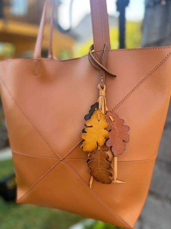 Vegetable Tanned Leather Leaf Bag Charm: Full Grain Leather Tote Accessory