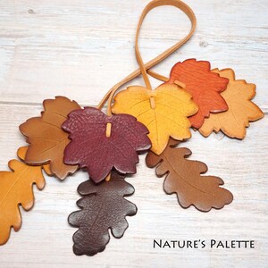 May include: A decorative hanging ornament featuring multiple leather leaves in shades of brown, orange, yellow, and deep burgundy, attached to a thin leather cord. The text "NATURE'S PALETTE" is printed in the bottom right corner of the image.
