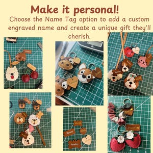May include: A collection of leather keychains featuring various animal shapes, fruits, and flowers, each attached to a metal ring. Several pieces include small rectangular or heart-shaped leather tags engraved with names like Christine, Lauren, and Bentley.